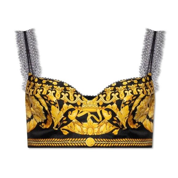 NWT Versace Silk Bralette Crop Top 38 US 2 XS Black Barocco Lace-Trimmed $1,190 - Picture 2 of 13